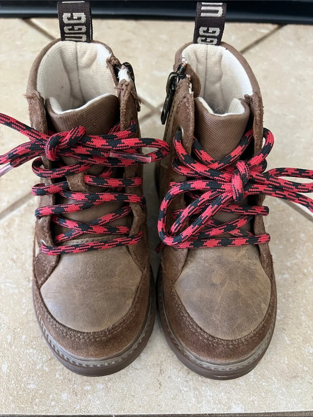 UGG Brown Kids High-Top Boots with Red & Black Laces